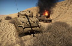 Египетский M4A1 FL10 на фоне догорающего израильского Sherman M-50.jpg